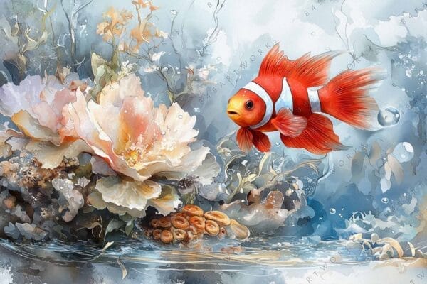 Digital painting of a clownfish swimming near vibrant coral and flowers in pastel tones.