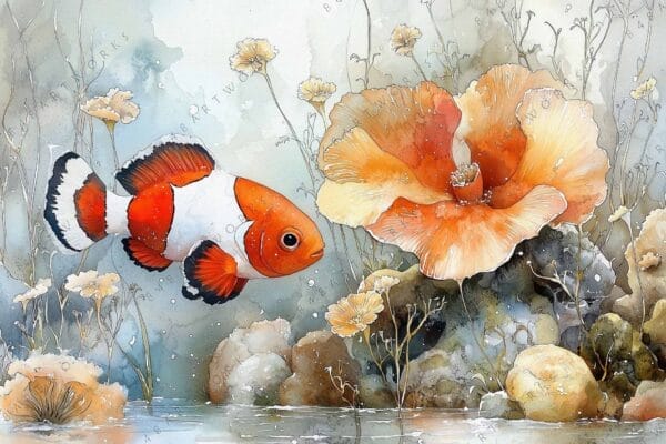 Watercolor painting of a clownfish swimming near vibrant orange coral and flowers.