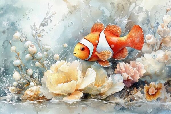 "Watercolor painting of a clownfish amidst soft coral and bubbles in pastel hues."