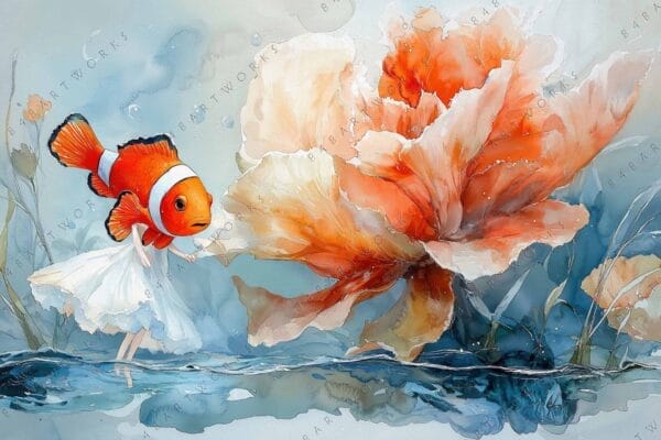 Whimsical digital painting of a clownfish with a white dress beside orange flowers.