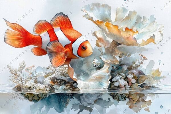 "Digital watercolor painting of a clownfish swimming near vibrant coral reef formations."