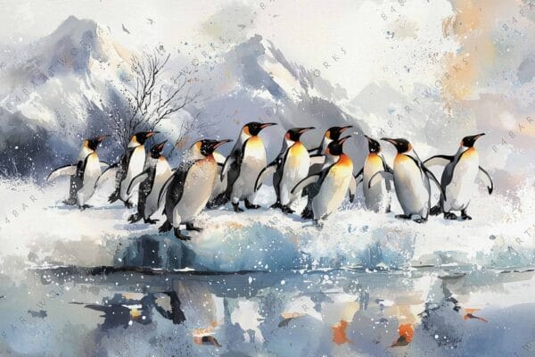 Digital painting of penguins on ice with snowy mountains in blue and orange tones.