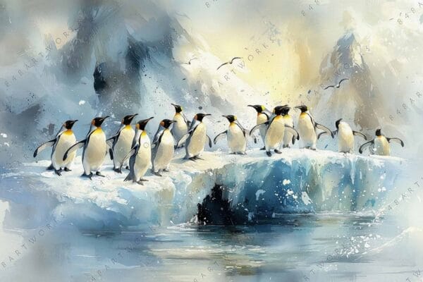 "Digital painting of penguins on icy landscape with blue and white tones."