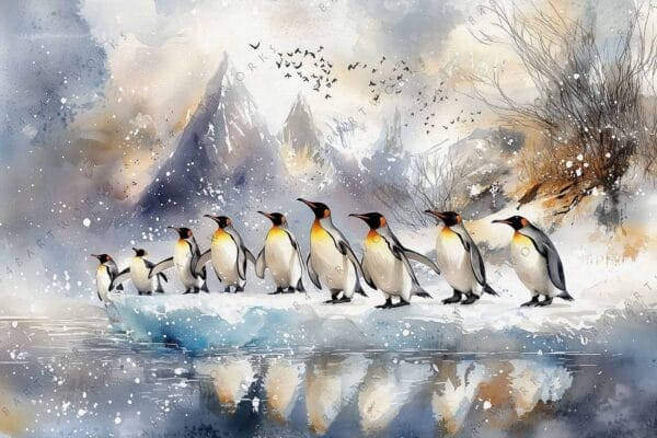 Digital painting of penguins on ice with snowy mountains in watercolor style.