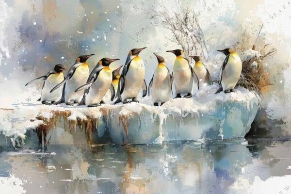 Digital painting of a group of penguins on an icy shoreline with snowy backdrop.