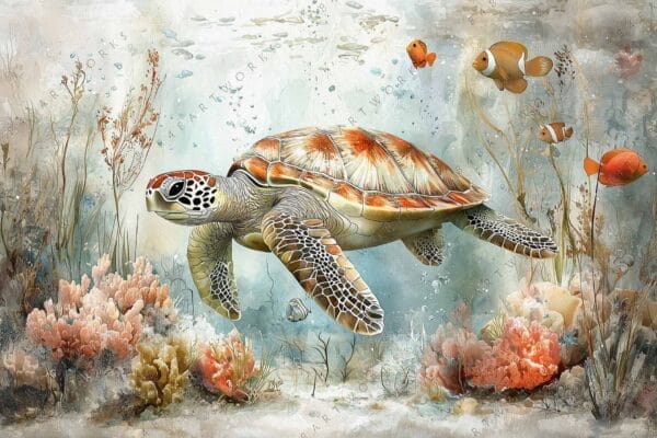 Digital painting of a sea turtle swimming among coral reefs and colorful fish.