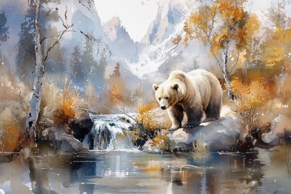 "Watercolor painting of a bear by a mountain stream, with autumn foliage."