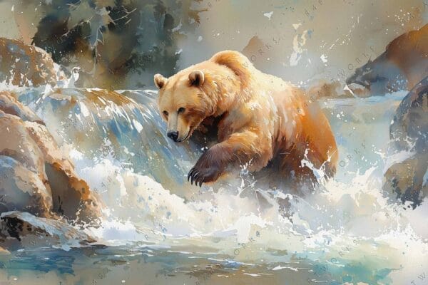 "Digital painting of a brown bear catching fish in a rushing river."