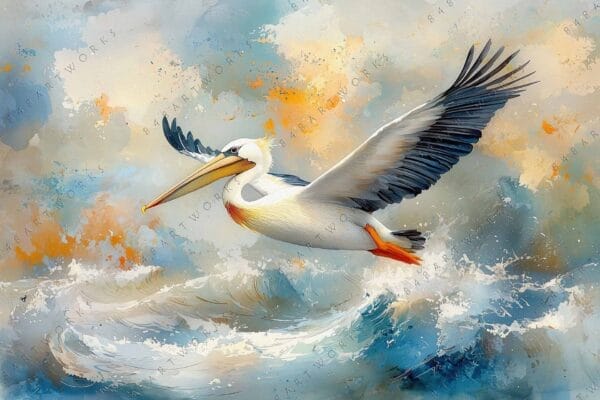 Digital painting of a pelican flying over ocean waves in blue and orange hues.