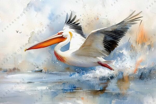 "Watercolor artwork of pelican in flight over a calm lake, in soft blue tones."