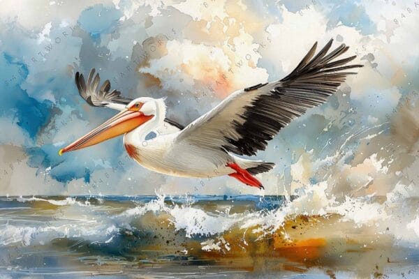 Digital painting of a pelican flying over ocean waves, with a watercolor sky.