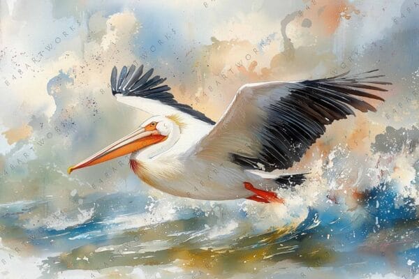 "Digital painting of a pelican in flight over splashing water, with muted earthy tones."
