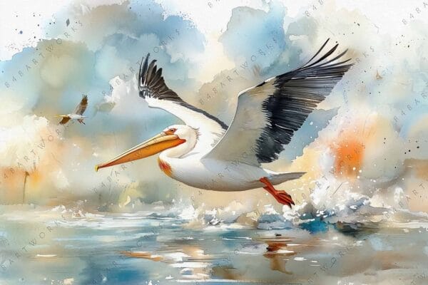 "Digital painting of a pelican flying over water with splashes, pastel sky background."
