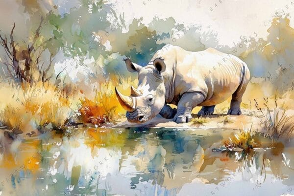 "Watercolor painting of a rhinoceros drinking by a reflective pond in earthy tones."