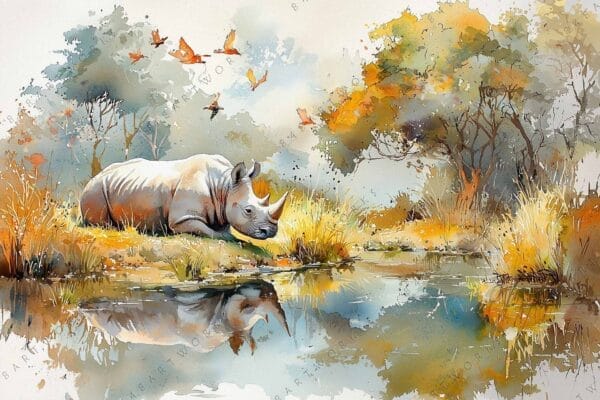 "Watercolor painting of a resting rhinoceros surrounded by trees and orange flying birds."