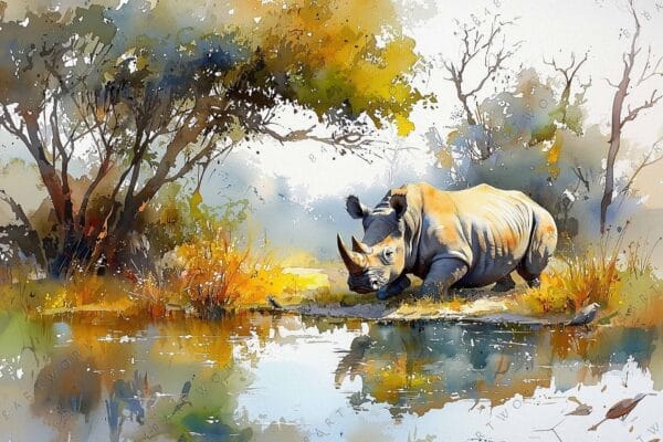 Watercolor painting of a rhino by a reflective pond with trees in autumn colors.