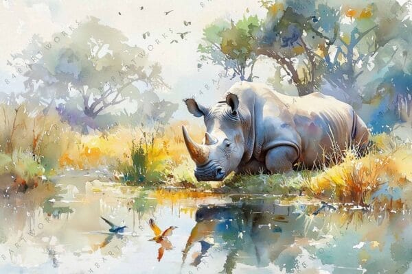 Watercolor painting of a rhino by a pond, surrounded by trees and foliage.