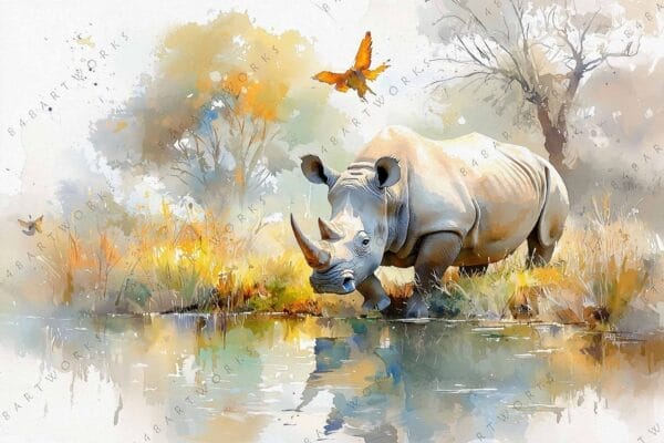 Watercolor painting of a rhinoceros by a pond, with soft earth tones.