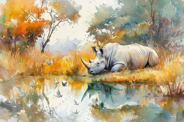 Watercolor painting of a rhinoceros by a pond with autumn trees and birds.