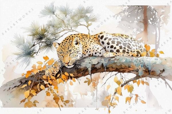 Watercolor painting of a leopard sleeping on a tree branch with autumn leaves.