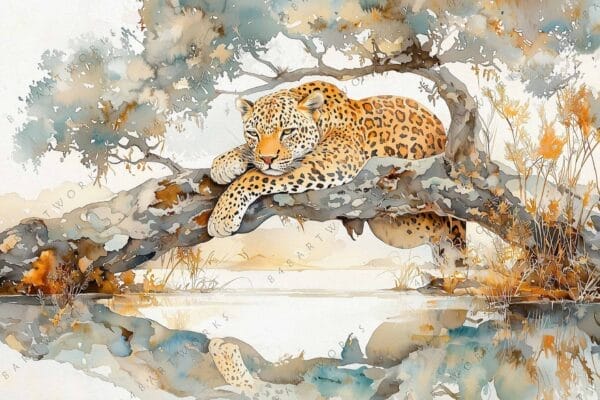 "Watercolor painting of a leopard resting on a tree branch over reflective water."