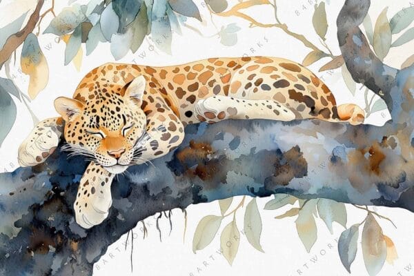 "Watercolor painting of a leopard sleeping on a tree branch with leaves."