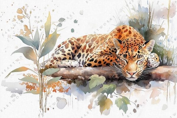 "Watercolor painting of a resting leopard with soft greens and browns in background."
