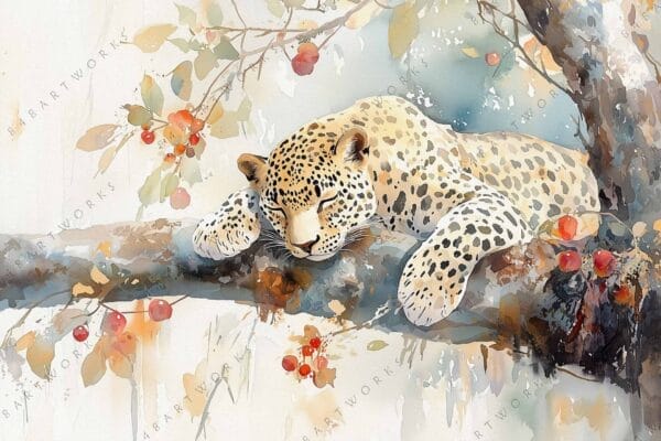 "Watercolor painting of a leopard resting on a tree branch with red berries."