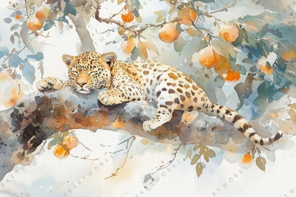"Watercolor painting of a leopard lounging on a branch with hanging orange fruits."