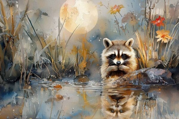 "Watercolor painting of a raccoon by a pond, with autumn leaves and moonlight."