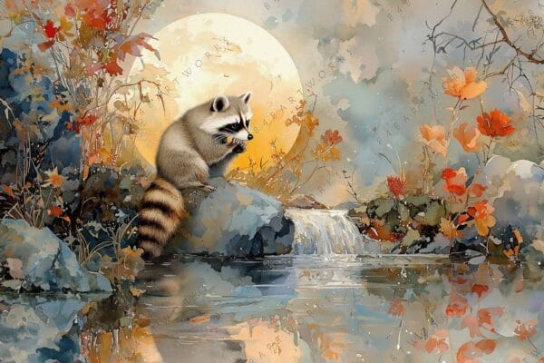 Watercolor painting of a raccoon by a waterfall with autumn foliage and moon.