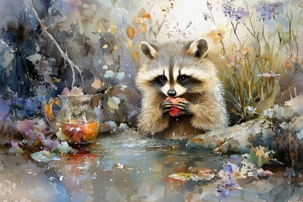 "Watercolor painting of a raccoon holding a red fruit near a forest pond."