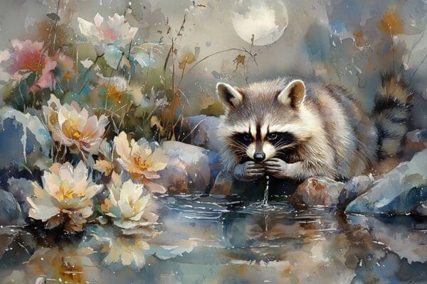 "Watercolor painting of a raccoon by a pond with blooming flowers and moonlight."