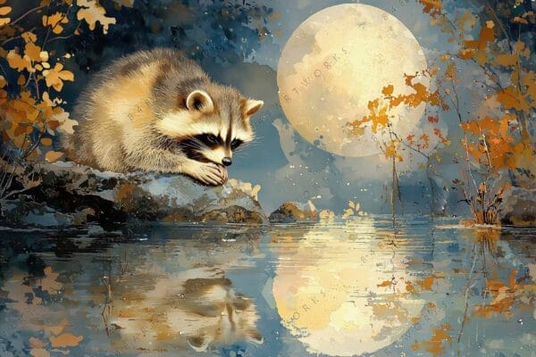 "Digital painting of a raccoon by a pond with a full moon backdrop."