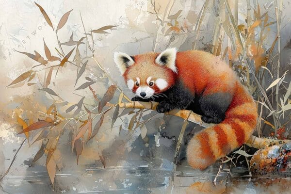 "Digital painting of a red panda resting on a bamboo branch with muted foliage."