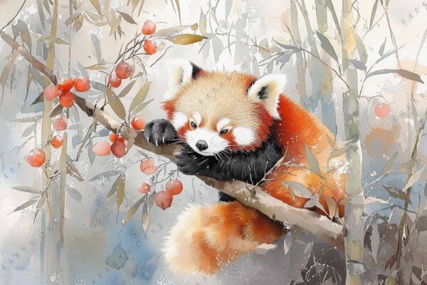 Watercolor painting of a red panda on a branch with red berries.
