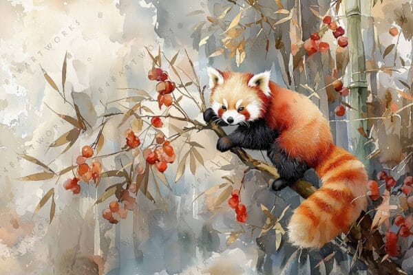 "Digital watercolor painting of a red panda climbing among bamboo and red berries."