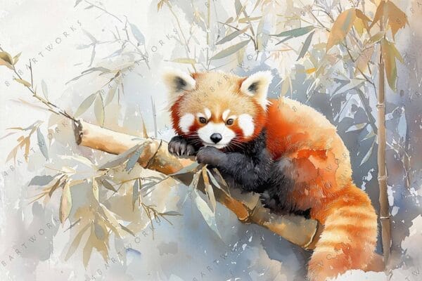 Watercolor illustration of a red panda on a bamboo branch with muted background.