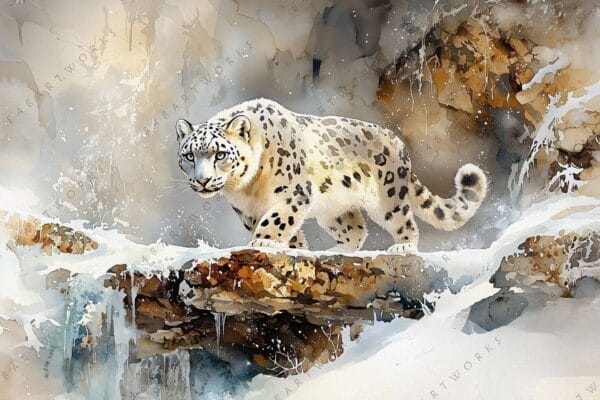 Watercolor painting of a snow leopard on a snowy, rocky terrain backdrop.