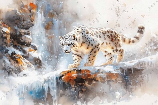 "Watercolor painting of a snow leopard on icy rocks, in earth and cool tones."