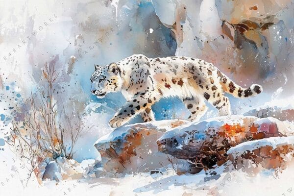 "Watercolor painting of a snow leopard walking on a rocky, snowy terrain."