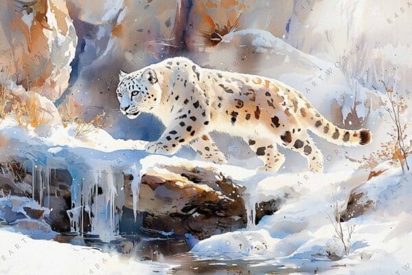 "Watercolor painting of a snow leopard walking through a snowy landscape with icicles."
