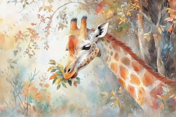 Watercolor painting of a giraffe eating leaves surrounded by autumn foliage.