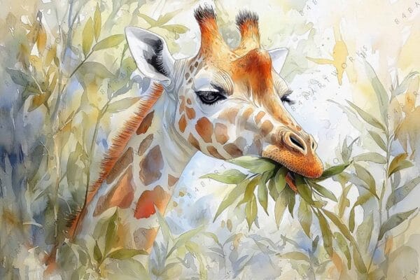 "Watercolor painting of a giraffe eating leaves, surrounded by green and brown foliage."