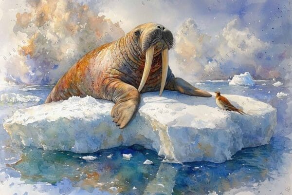 "Watercolor painting of a walrus with a bird on an icy landscape."