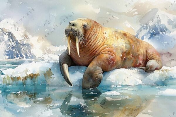 Digital painting of a walrus on an iceberg, featuring icy blues and warm browns.