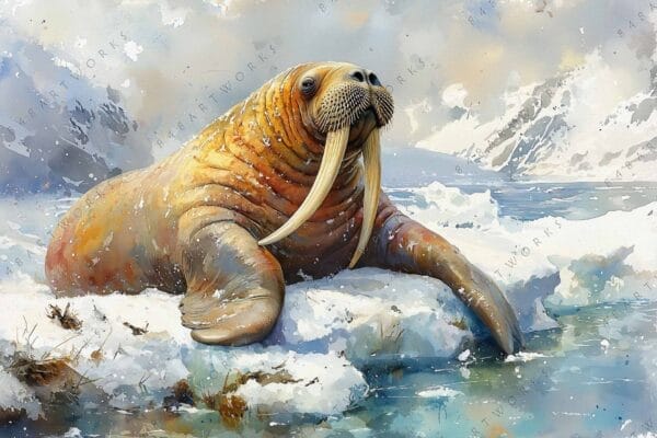 "Digital painting of a walrus on snowy ice with a mountainous backdrop."