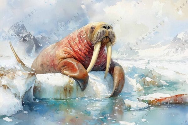 Digital painting of a walrus on a snowy ice sheet, cold blue and brown tones.
