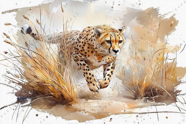 Watercolor painting of a cheetah running through dry grass in warm earthy tones.