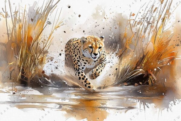 "Dynamic watercolor illustration of a cheetah running through tall grass, in earthy tones."